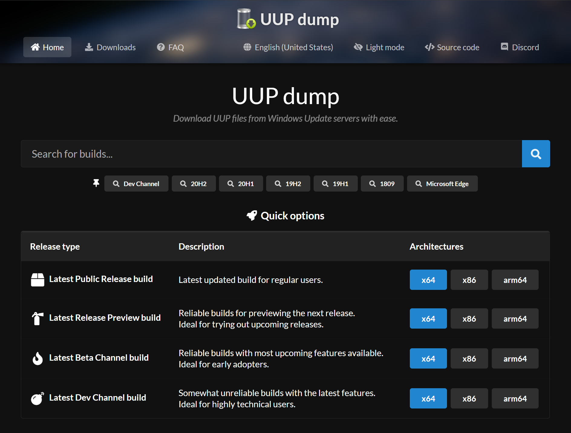 The UUPdump website Welcome Page
