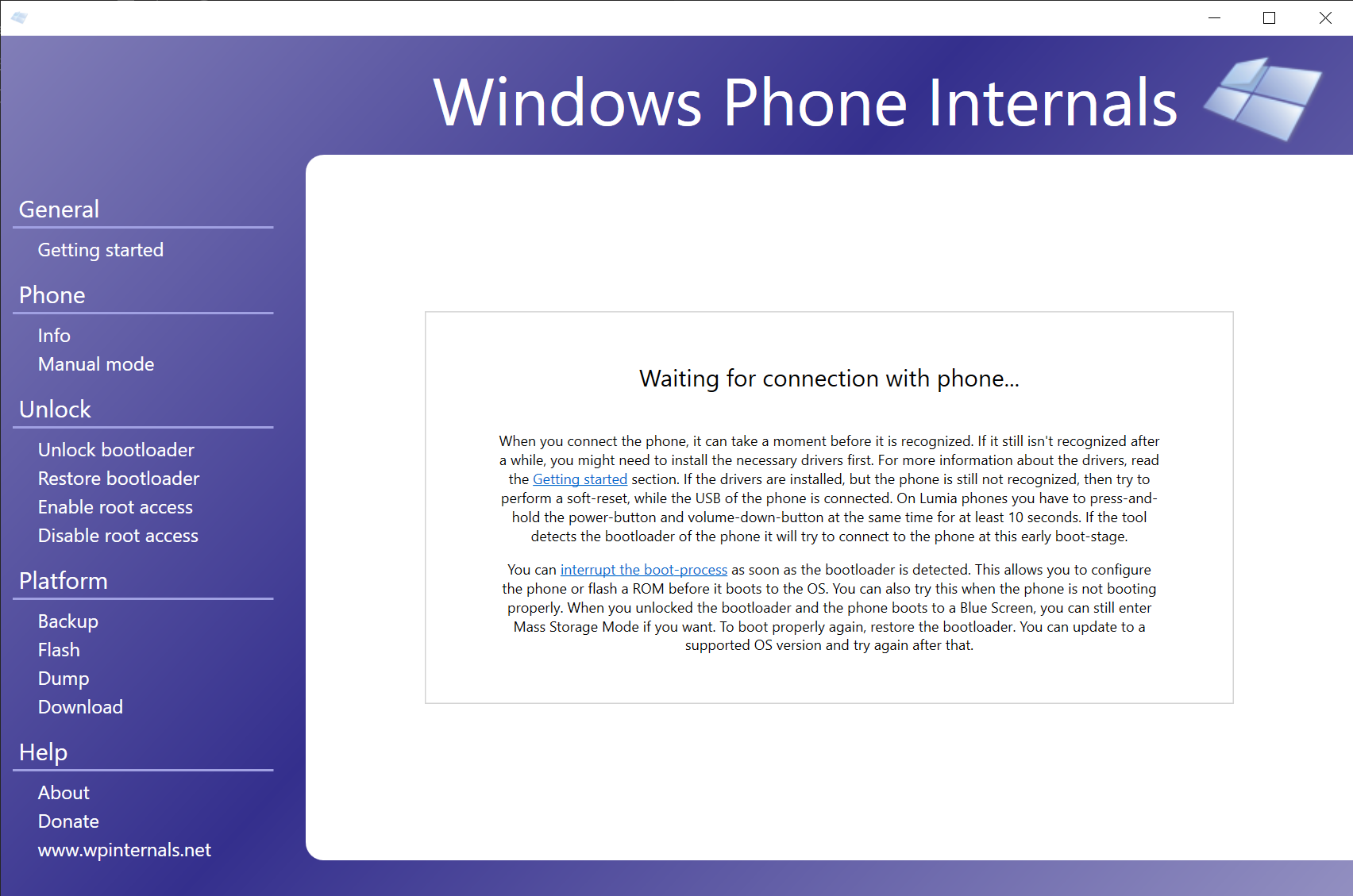 WPInternals page for phone detection