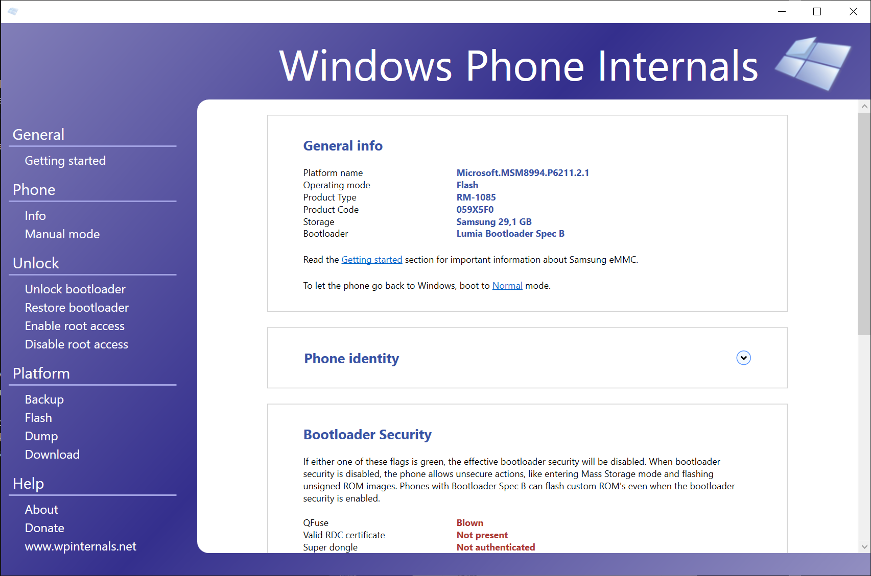 WPInternals showing phone details